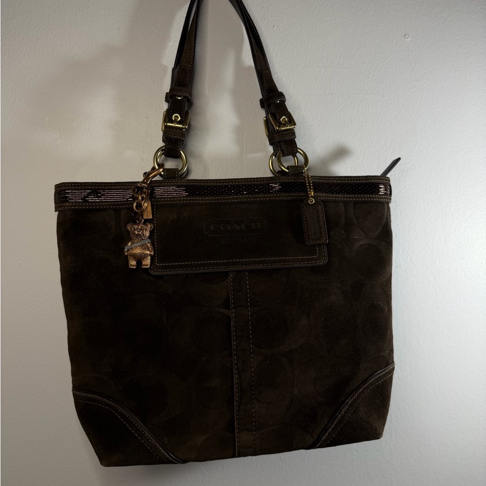 Coach Suede Brown Signature C Beaded Tote Bag #10442